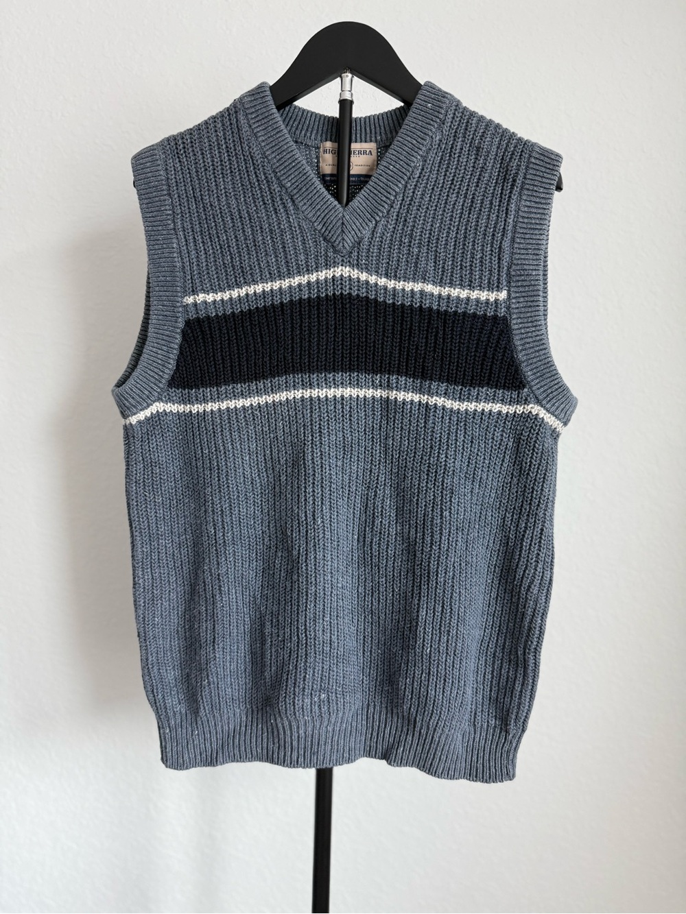 High Sierra Slate Blue V-Neck Sweater Vest with Black and White Stripes